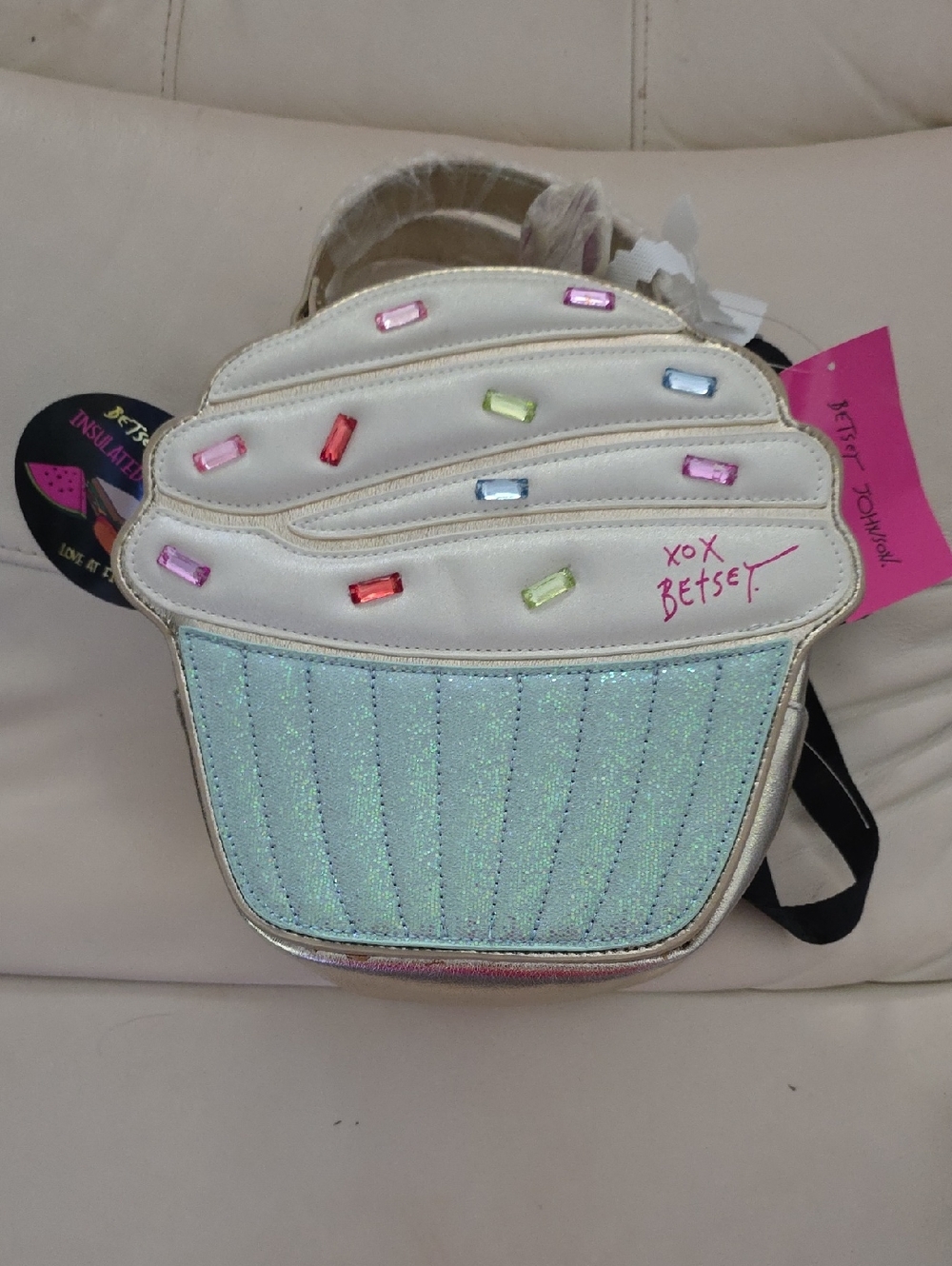 Betsey Johnson Iridescent Cupcake Lunch Tote- White, Blue, and Gold